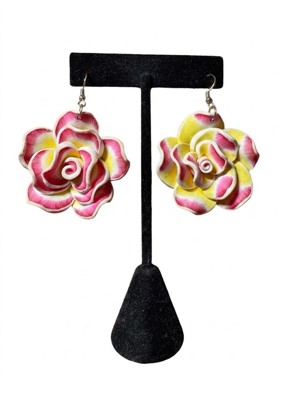Vintage Handmade Pink and Yellow Polymer Clay Flower Dangle Earrings
